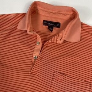 Tommy Bahama Polo Shirt Mens Medium Orange Stripe 18 Golf Pocket Cotton Blend